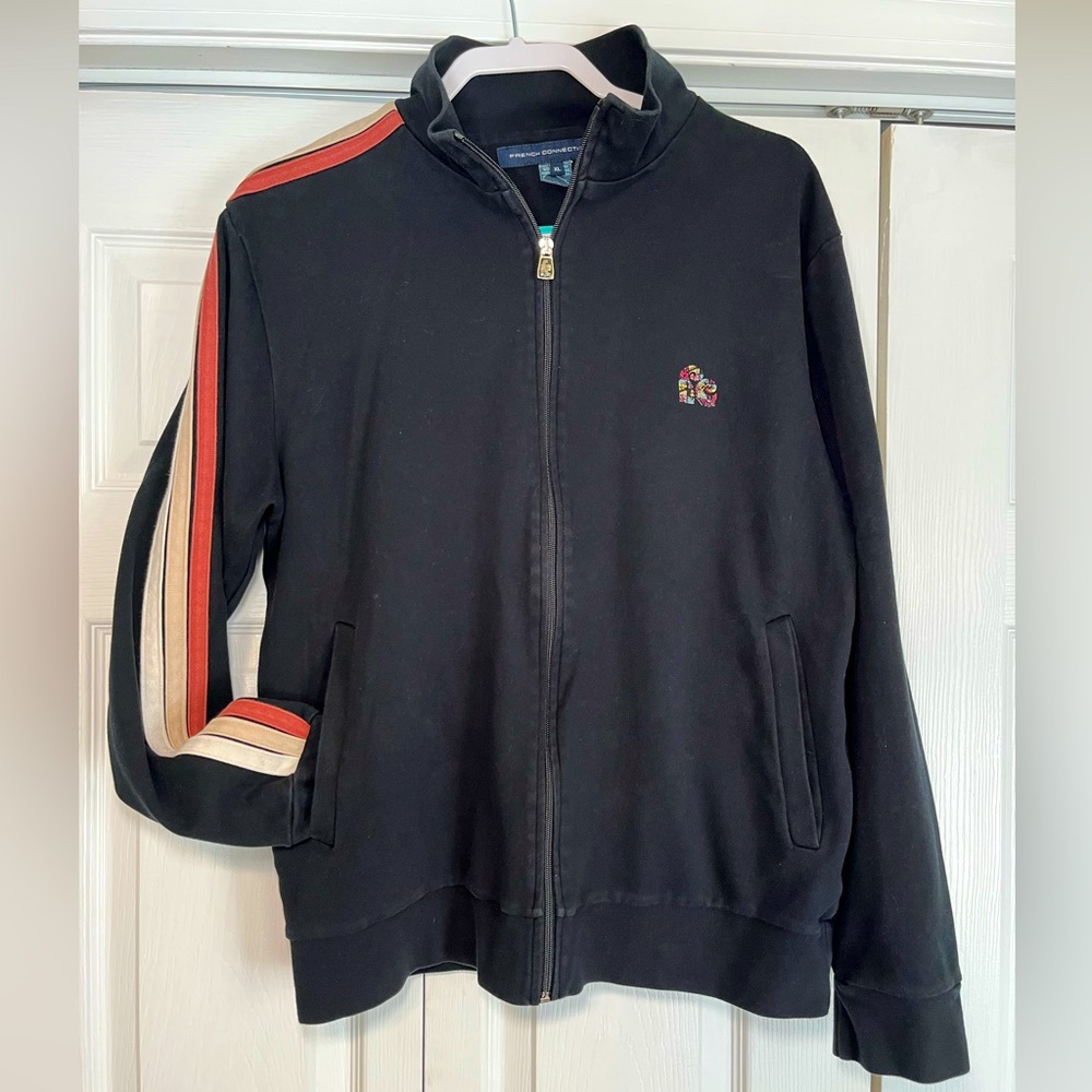 French Connection|men’s black vintage track jacket size XL striped sleeve